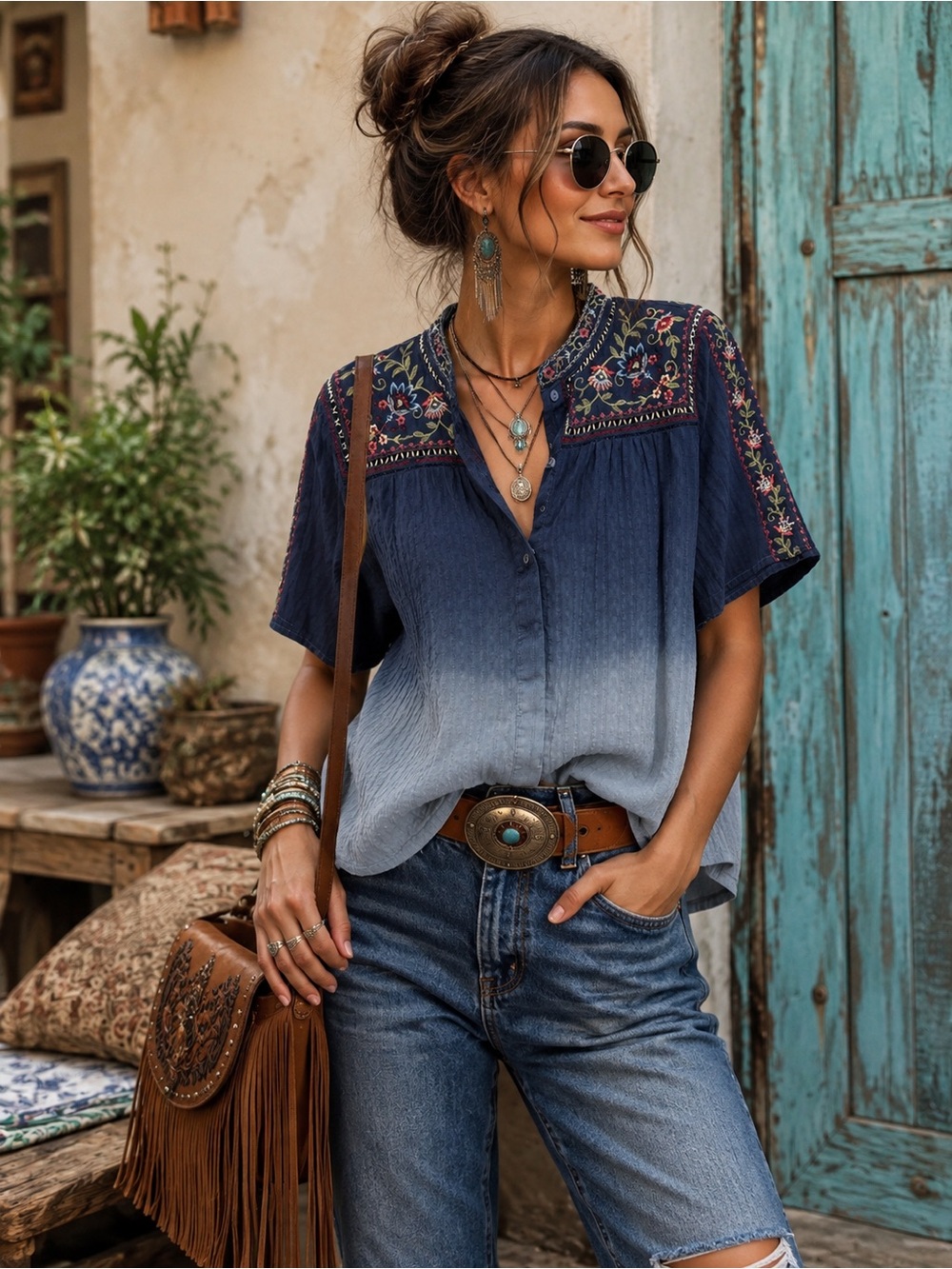 Zara Woman Embroidered Navy Blue Ombre Boho Top 100% Cotton Size XS